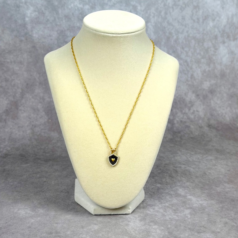 Freida Rothman Gold Sterling Silver Black Shield Heart Padlock Pave Necklace
